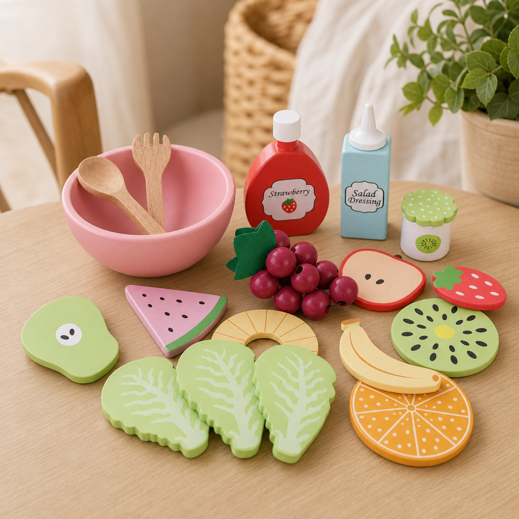 Wooden Fruit Salad Play Set in a bright Montessori playroom