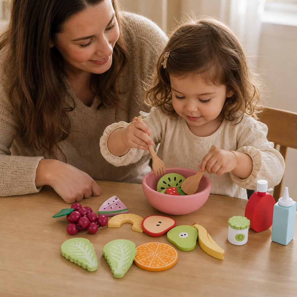 Parent and child playing together with the Wooden Fruit Salad Play Set
