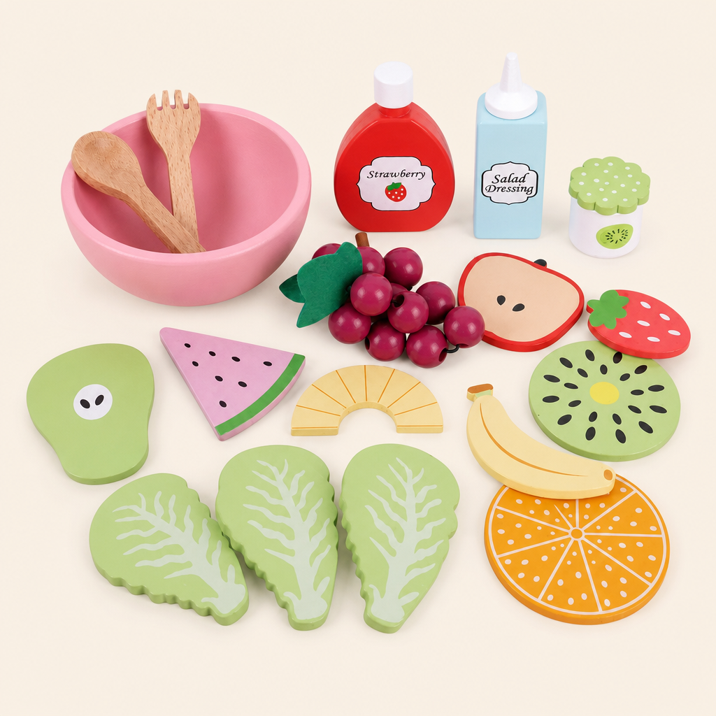 Montessori Wooden Fruit Salad Play Set product photo on a cream background
