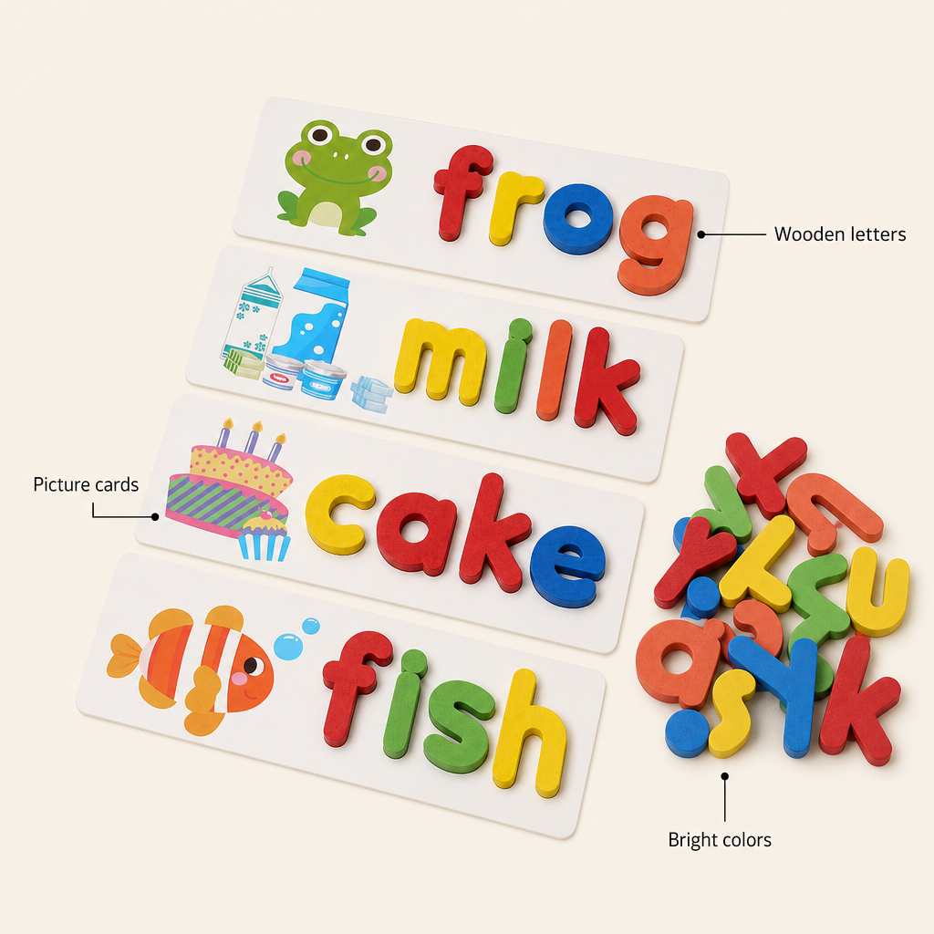 Wooden Letter Matching Game features: Wooden letters, Picture cards, Bright colors