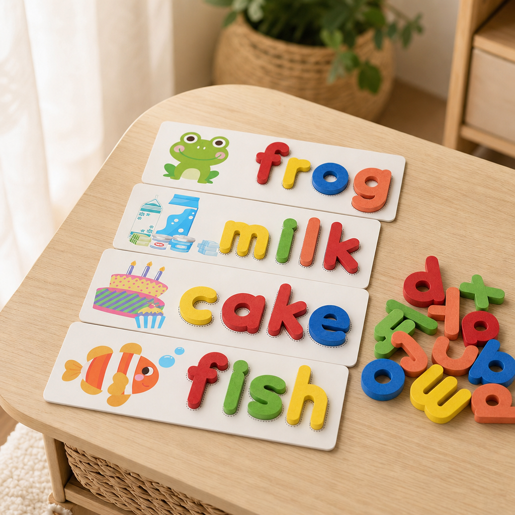 Wooden Letter Matching Game in a bright Montessori playroom