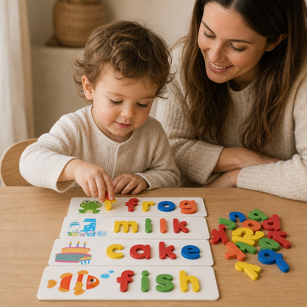 Parent and child playing together with the Wooden Letter Matching Game