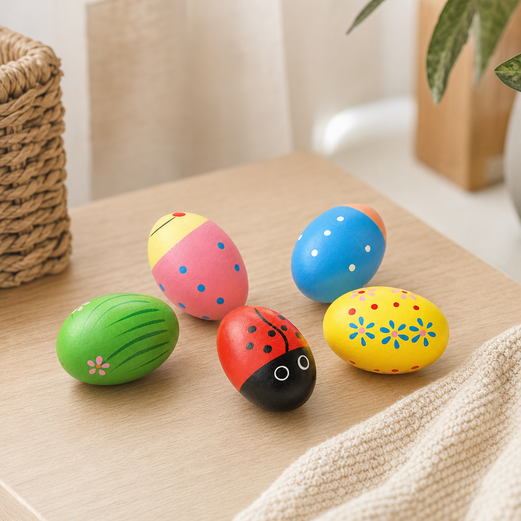 Wooden Musical Egg Shakers in a bright Montessori playroom