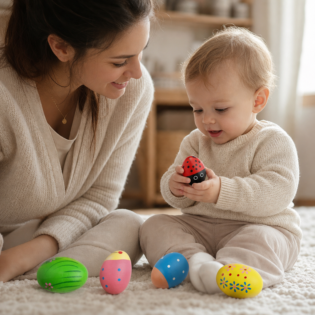 Parent and child playing together with the Wooden Musical Egg Shakers