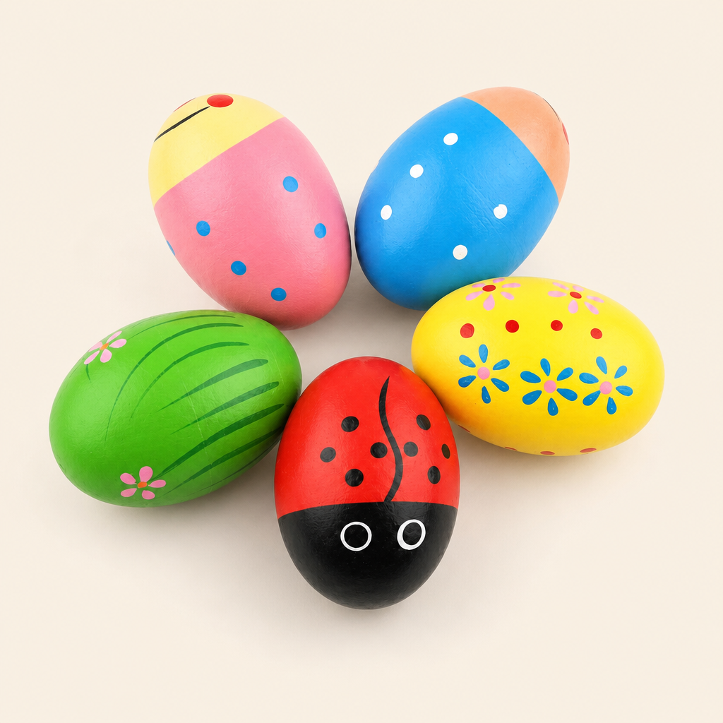 Montessori Wooden Musical Egg Shakers product photo on a cream background