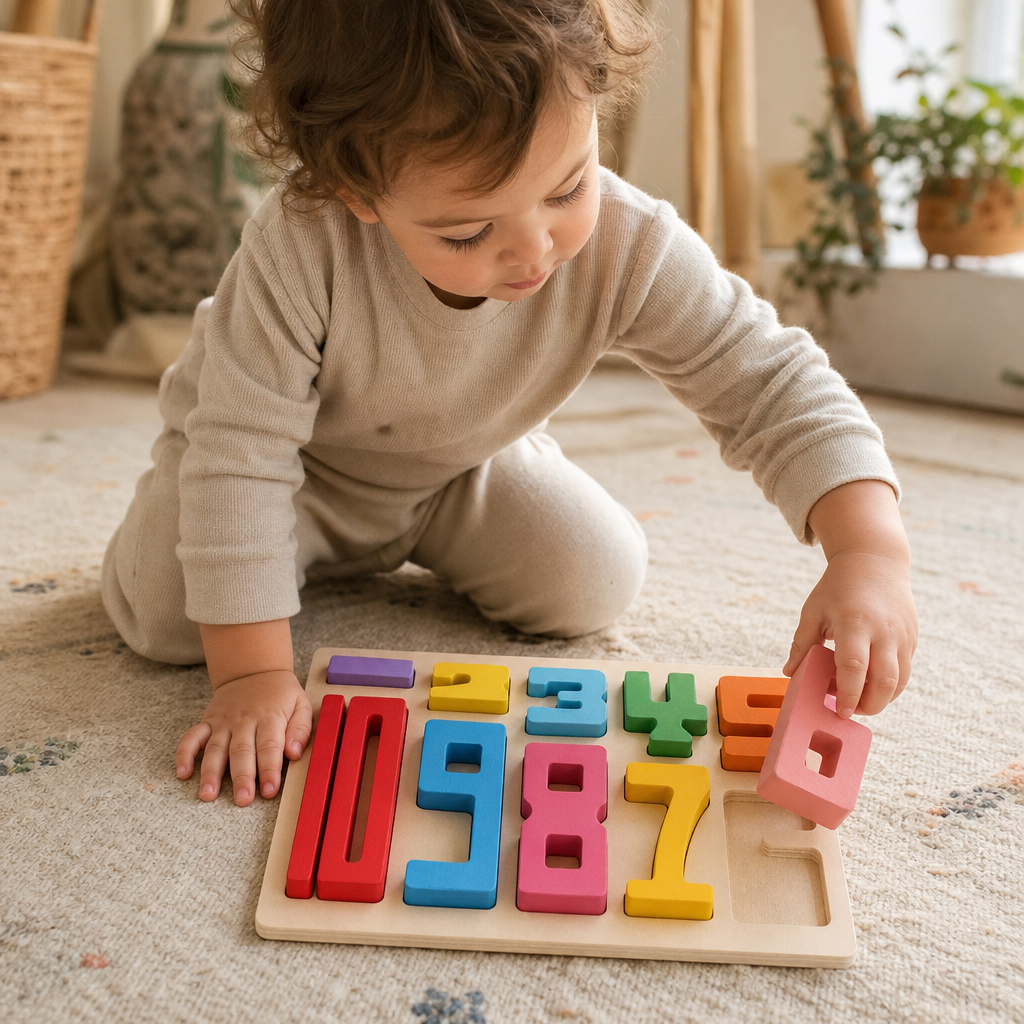 Child playing with the Wooden Number Puzzle 0-9