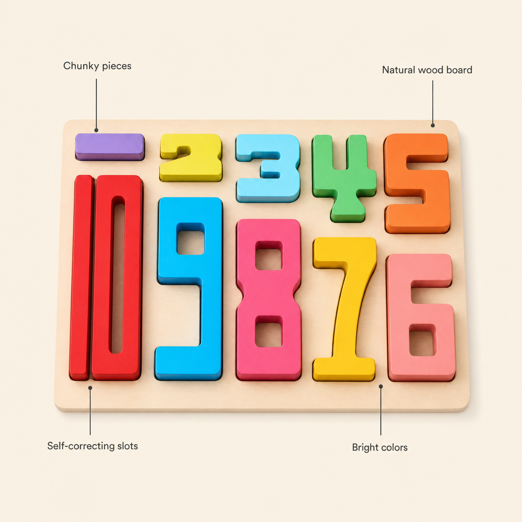 Wooden Number Puzzle 0-9 features: Chunky pieces, Natural wood board, Self-correcting slots, Bright colors