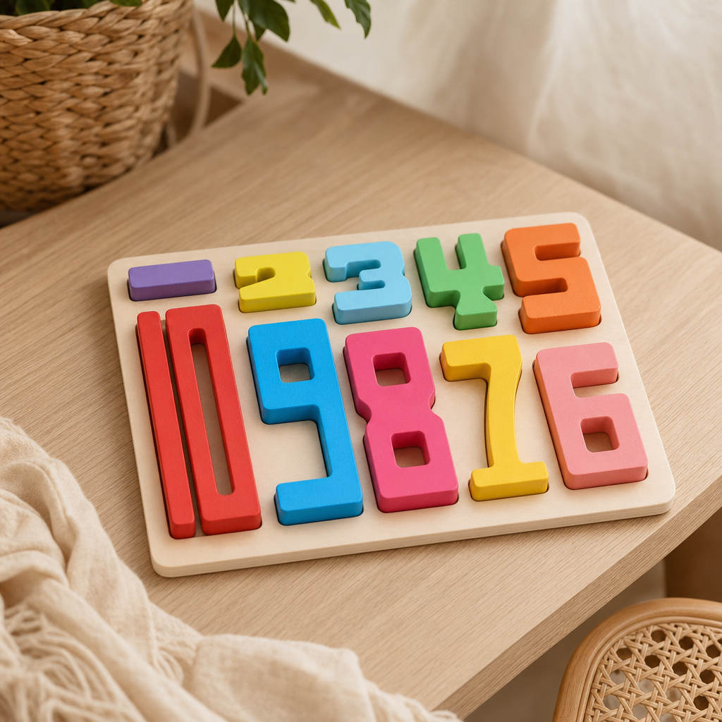 Wooden Number Puzzle 0-9 in a bright Montessori playroom