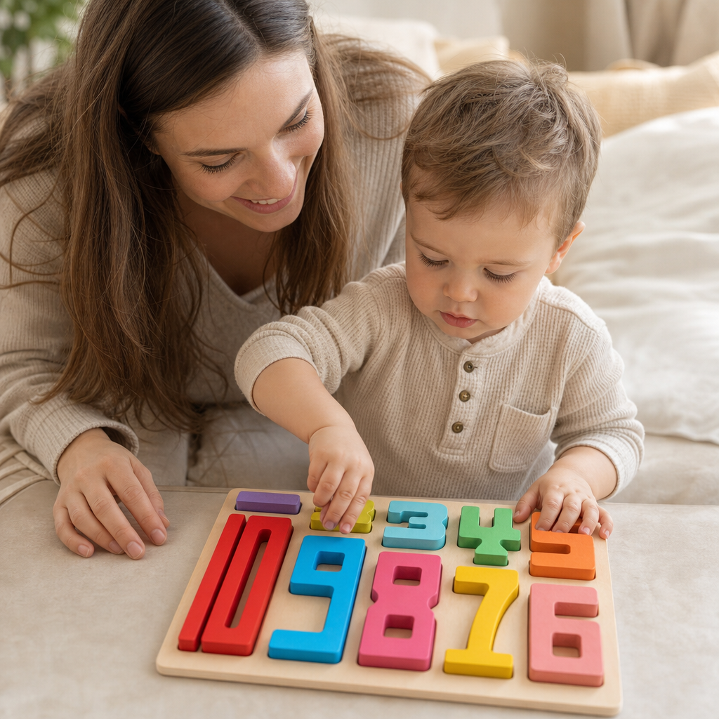 Parent and child playing together with the Wooden Number Puzzle 0-9