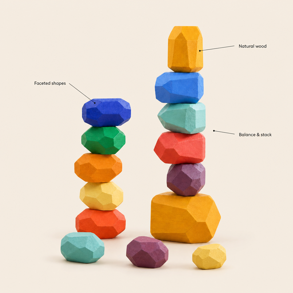 Wooden Stacking Stones 21 Pieces features: Faceted shapes, Natural wood, Balance & stack