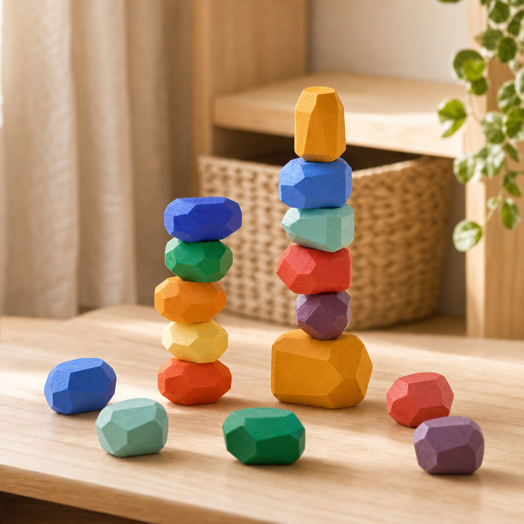 Wooden Stacking Stones 21 Pieces in a bright Montessori playroom